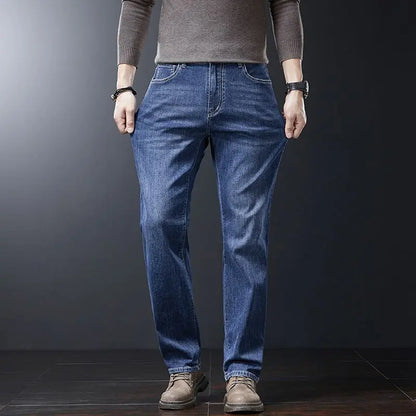 Men's Soft Stretch Straight Jeans Business Casual Slim Fit Wash Denim Pants Korean Fashion Blue Gray Male Brand Trousers