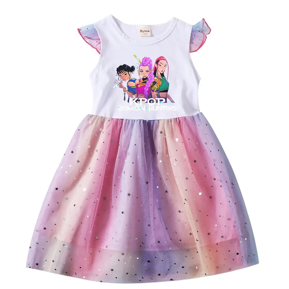 Baby Girls Dress Children Cartoon Mesh Star Sequins Princess Dress Kids Flying Sleeve Skirt For Birthday Gift