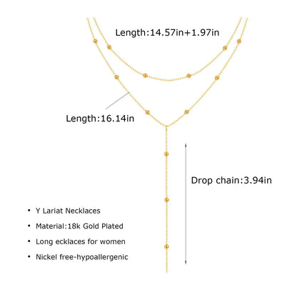 Stainless Steel Lariat Necklace Gold Plated, Dainty Long Necklace Laryered Necklaces For Women Girls, Y Shape Drop Pendant