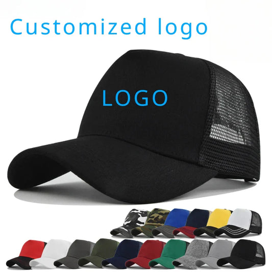 Customized Logo Hard Top 5 Panels Mesh Baseball Cap For Men Women Advertising Cap Breathable Sun Hat Solid Color Visor Gorra