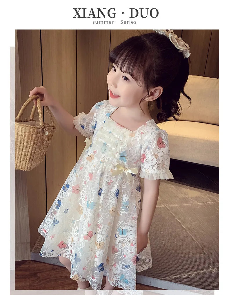 Vintage lace short sleeved dress For 2-9 yrs Baby Girls Loose Dress 6.1 Children's Day Clothing Cute beach Loose Clothes 2026