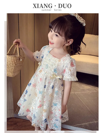 Vintage lace short sleeved dress For 2-9 yrs Baby Girls Loose Dress 6.1 Children's Day Clothing Cute beach Loose Clothes 2026