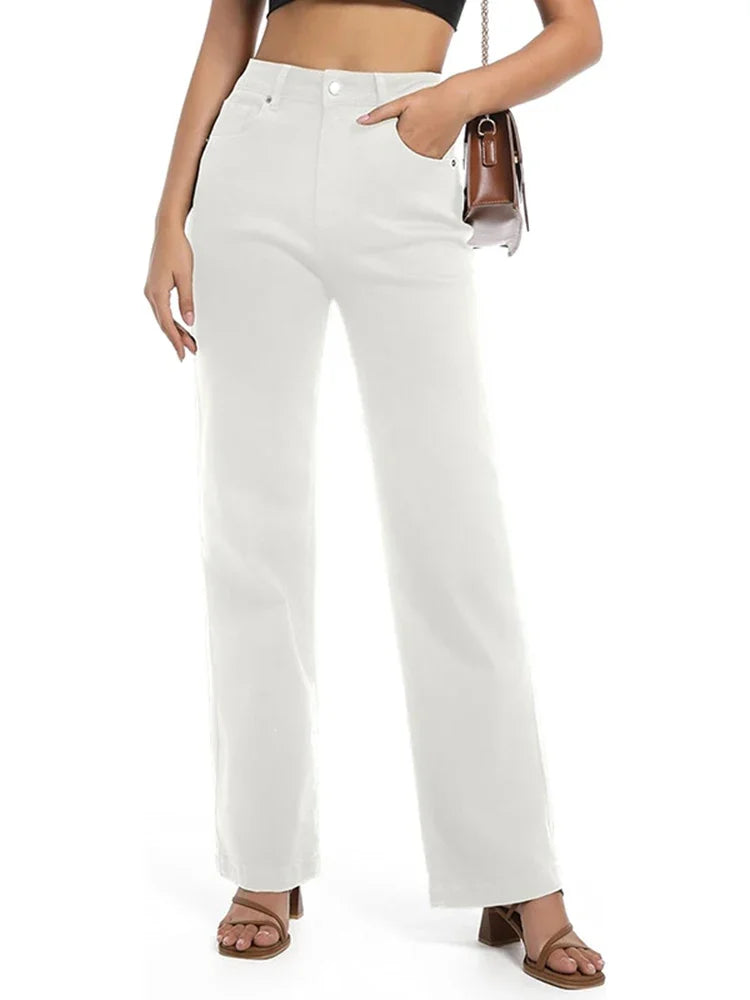 Ins Fashion Jeans Women Comfortable High Waisted White Jeans Girls Thin Stretch Denim Pants Female Straight Leg Trousers