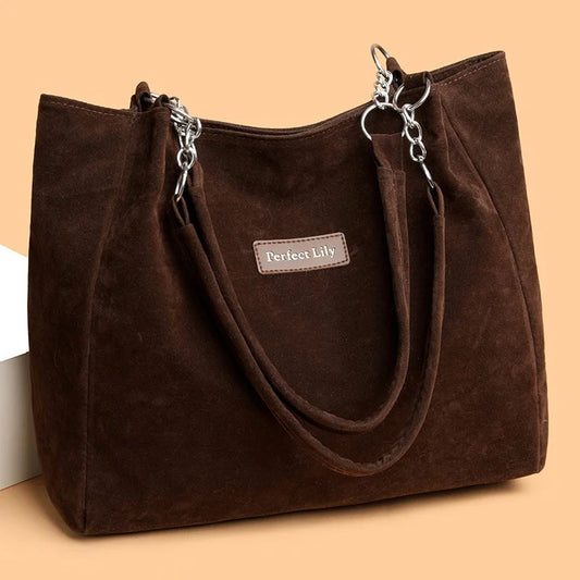 European American Autumn Winter Large Capacity Suede Women's Bag, Vintage Handbags Women Shoulder Bag, Retro Faux Suede Tote Bag
