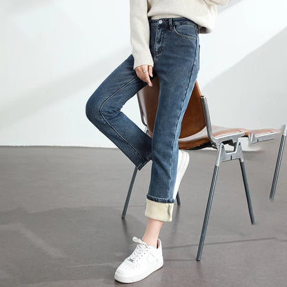 Calças Jeans Femininas de Inverno Quentes de Lã Retrô Elásticas Grossas Confortáveis Retas Modernas Coreanas Casuais de Veludo Denim