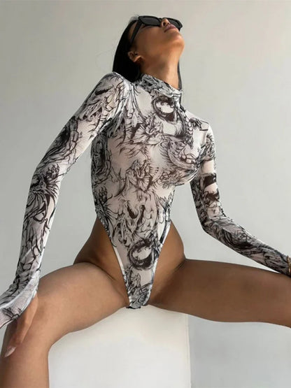 Tie Dye Sexy Bodysuit Lingerie Long Sleeve Corset Top Women One-Pieces Rave Outfit Bodycon Lenceria Femenina See Through Bustier