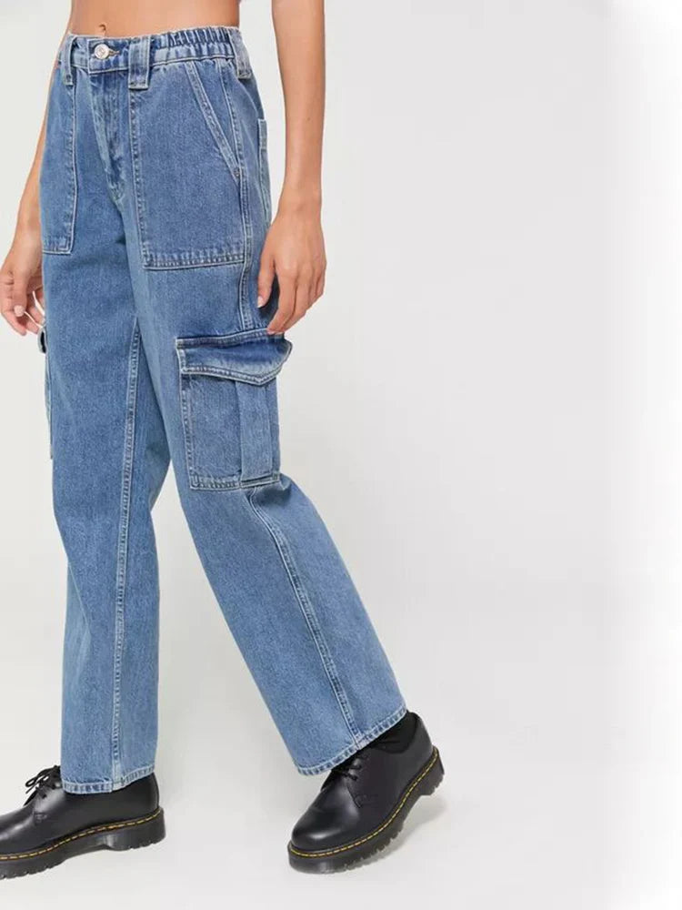Y2K Punk High Waist Cargo Denim Pants Streetwear Pockets Skater Trousers