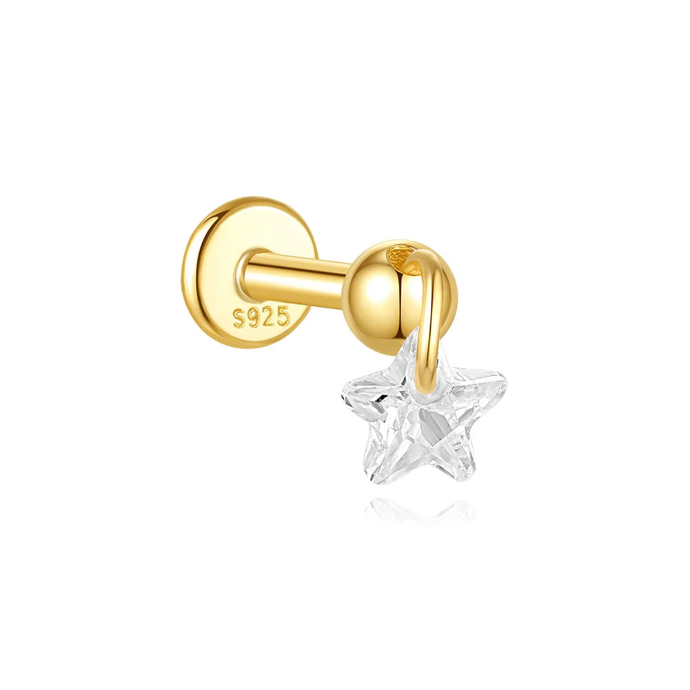 1PC Four Pointed Star Moon Tassel Lotus Cartilage Spiral Puncture 925 Sterling Silver Stud Earring For Women Ins Earring