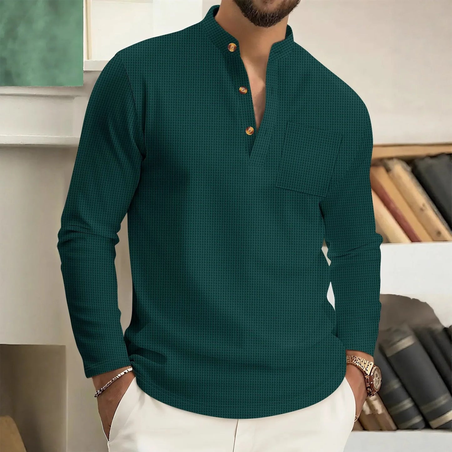 Men's casual waffle check long-sleeved shirt stand-up collar button semi-cardigan breathable and comfortable daily wear shirt