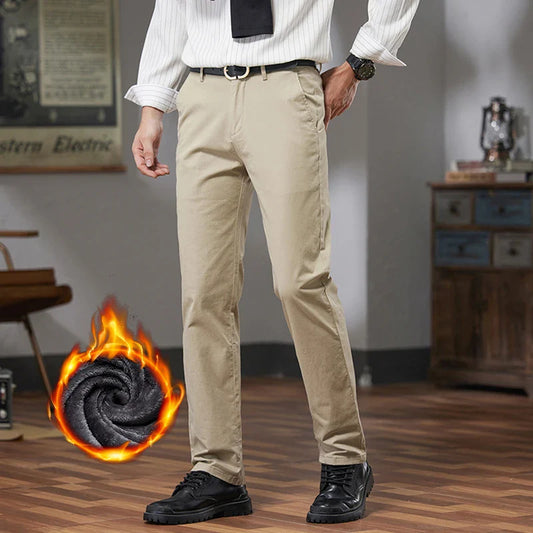 Fleece Winter Casual Pants Men Straight Stretch Soft Warm Velvet Trousers Comfortable Fashion Slim Plush Business Male Pants