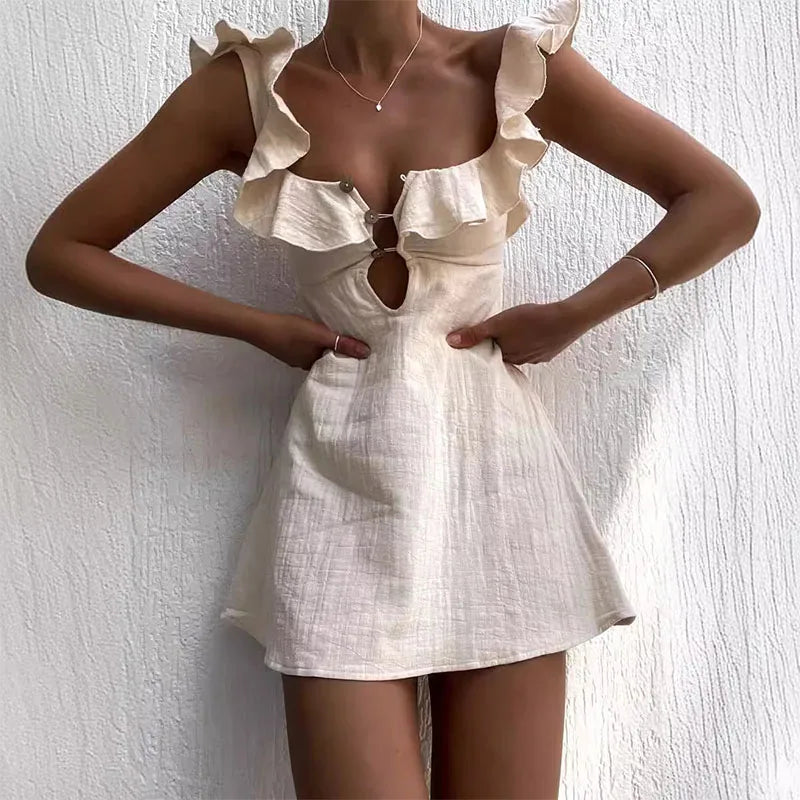 Hollow Out Button Ruffles Short Dress Sexy V Neck Sleeveless Solid Color Dress New Holiday Beach Cotton Linen Mini Dress