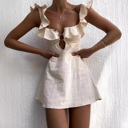 Hollow Out Button Ruffles Short Dress Sexy V Neck Sleeveless Solid Color Dress New Holiday Beach Cotton Linen Mini Dress