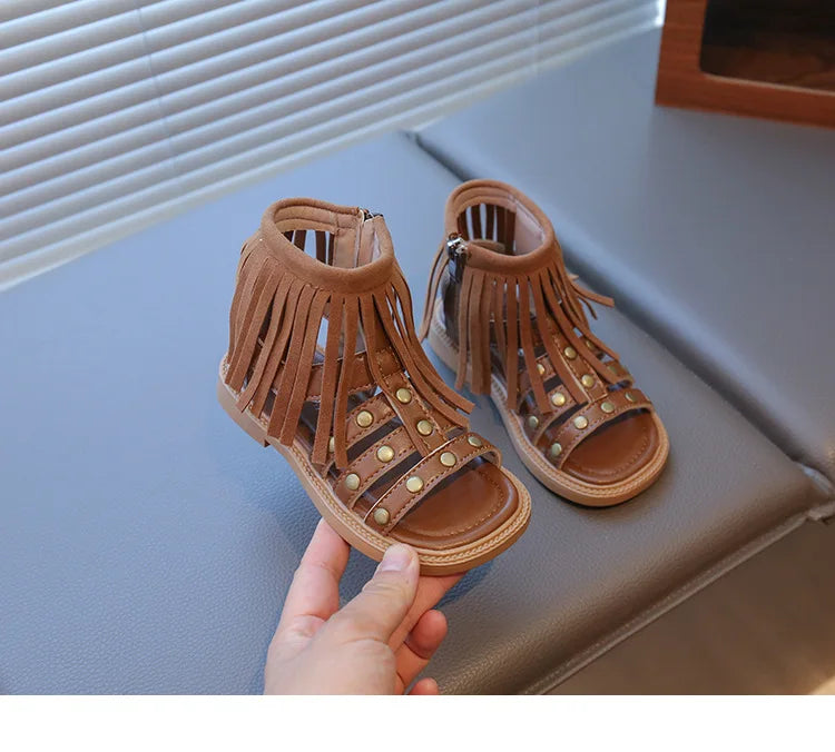England Style Fashion Tassel Sandals Summer New Side Zipper Rivet High-top Sandals Student Beige Brown Roman Shoes Fringe I05235
