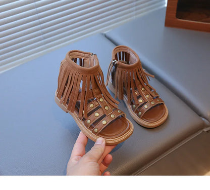 England Style Fashion Tassel Sandals Summer New Side Zipper Rivet High-top Sandals Student Beige Brown Roman Shoes Fringe I05235