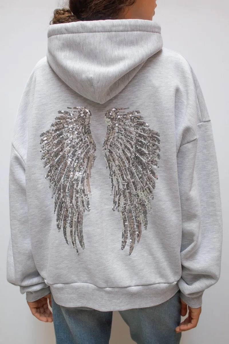 Y2K Retro Wings Sequin Hoodie Angel Wings Ornament Sweatshirt Harajuku Sweet Lady Casual Streetwear Relaxed Fit Pullover Coat