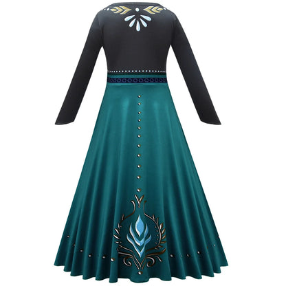 Frozen Coronation Anna Princess Girls Cosplay  Long Sleeve Costume Carnival Party Kids Cloak Clothes Birthday Print Dress