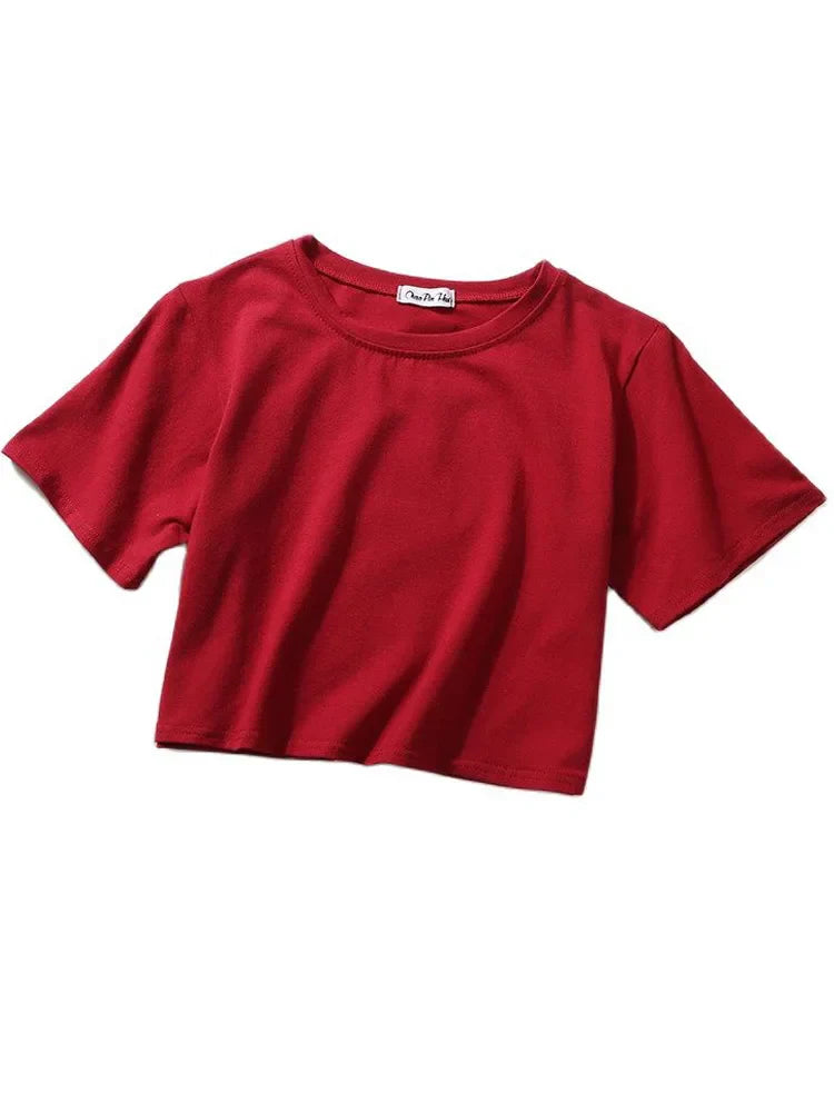 Summer Short Sleeve T Shirts Women  Solid T-shirt O Neck High Waist Crop Top Tee Female Casual Loose T Shirt