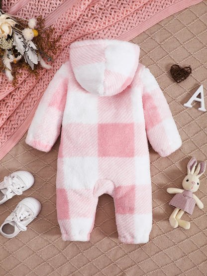 Baby Boys and Girls Plaid Romper Hooded Long Sleeved Plush Jumpsuit Winter Warm Bodysuit Clothes for 3-24 Months Toddler Boy