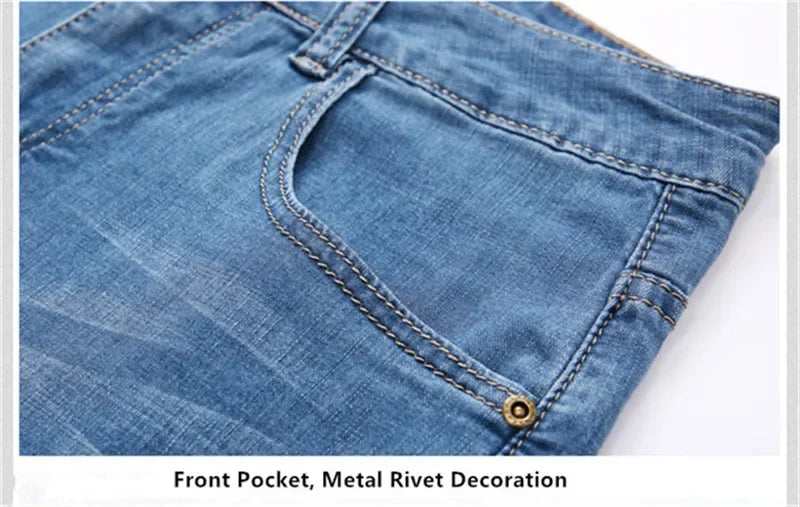 Summer Shorts Calf Length Trousers Plus Size 48 42 Men Denim Elastic Stretched Thin Jean Oversized Classic Straight Streetwear