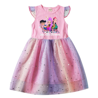 Baby Girls Dress Children Cartoon Mesh Star Sequins Princess Dress Kids Flying Sleeve Skirt For Birthday Gift