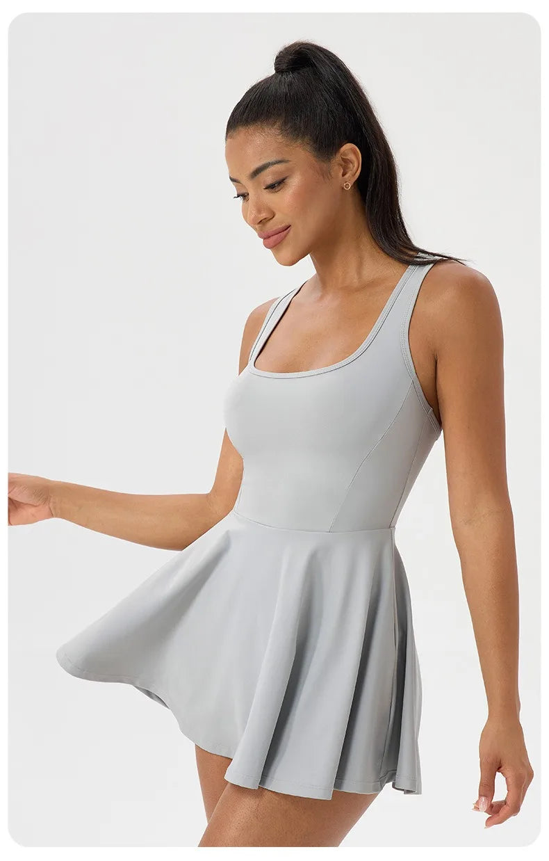 Women Summer Tennis Dress Breathable Quick-Dry Workout Dress Outdoor Sports Skirt Gym Yoga Short Dress Casual Athletic Skirt