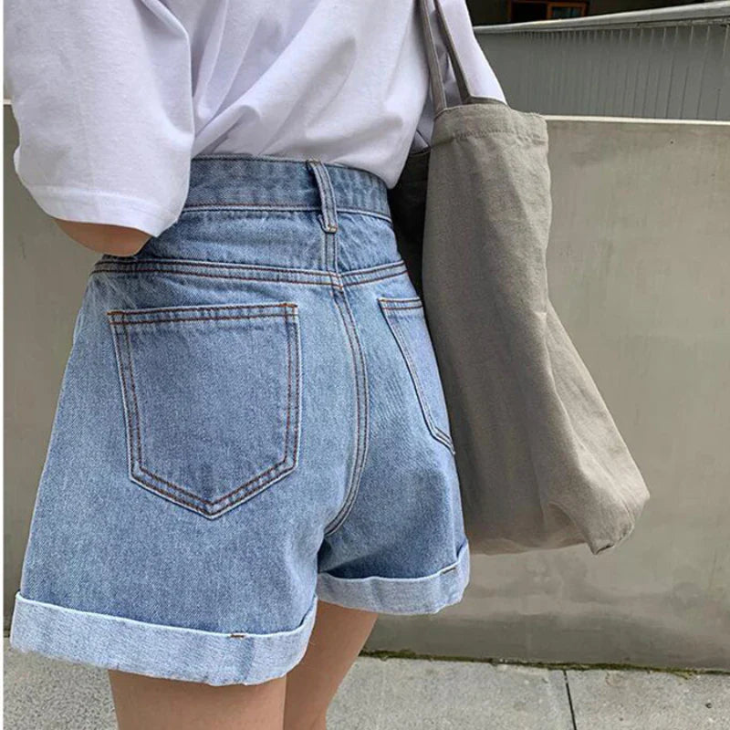 Summer High Waist Denim Shorts Women Casual Loose Ladies Fashion Plus Size Elastic Waist Wide Leg Short Jeans Female