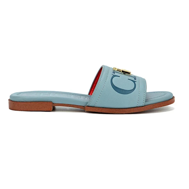 Fashion Monogram Print Elegant Design Women's Low Heeled Slippers Solid Color High Quality Metal Lock Simple Single Shoes