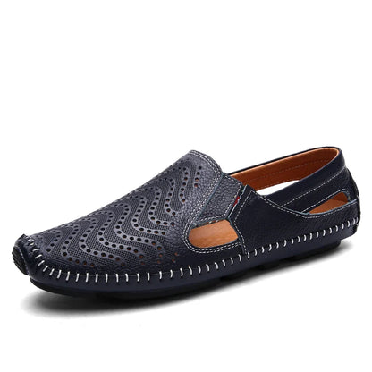 Men's Hollow Leather Shoes Summer Breathable Sandals Genuine Leather Slip-on Loafers Flat  Soft Soled Driving Casual Shoes