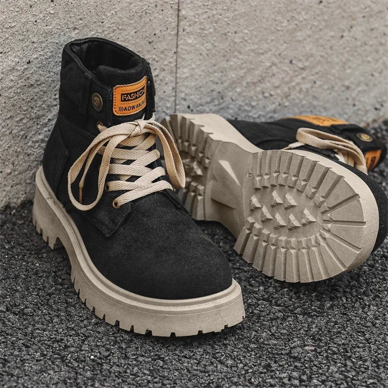Breathable Men Boots Winter Denim Cloth Mens Ankle Boots Retro Work Boots Platform Men Casual Shoes Handmade High Top Shoes