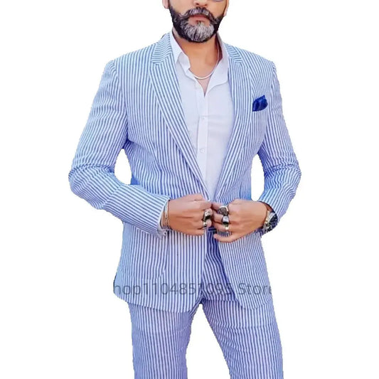 Summer Seersucker 2 Pieces Men Suits Notched Lapel Blazer Blue Striped Wedding Suit Set Jacket Pants Casual Slim Fit Men Suits