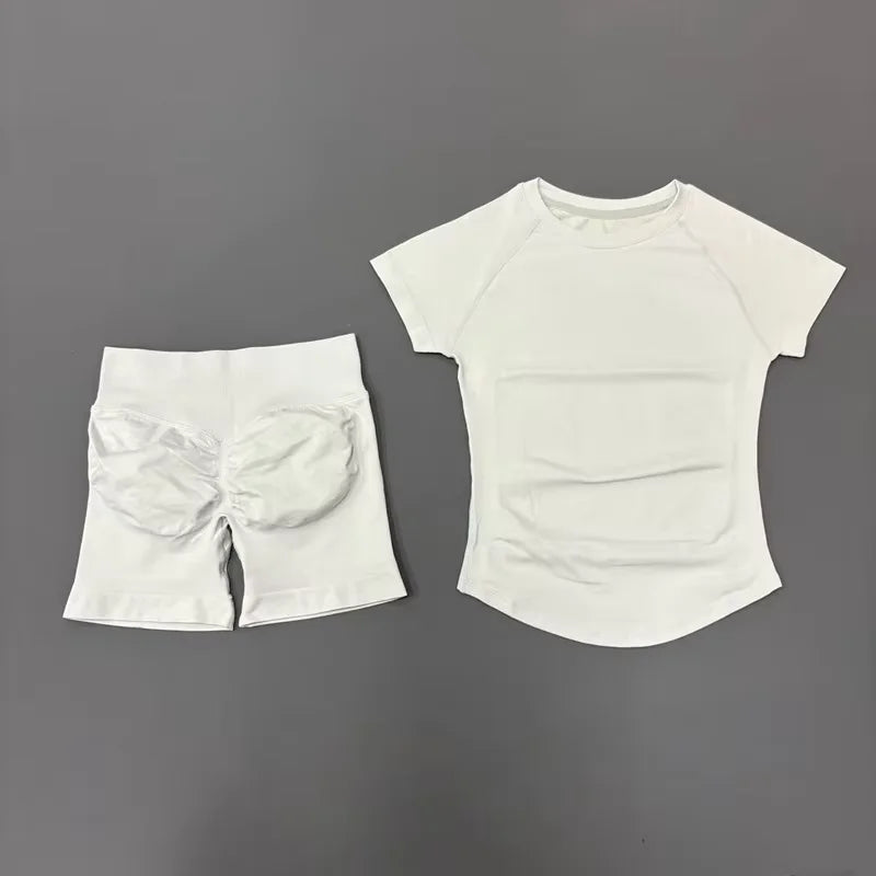 2 Piece Gym Sets Women Seamless Short Sleeve Top Butt Lifting Shorts Workout Fitness Running Sports Yoga Tracksuit