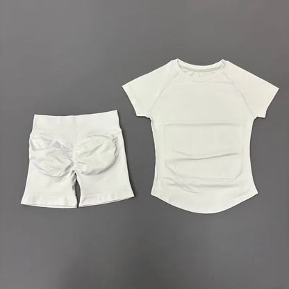 2 Piece Gym Sets Women Seamless Short Sleeve Top Butt Lifting Shorts Workout Fitness Running Sports Yoga Tracksuit