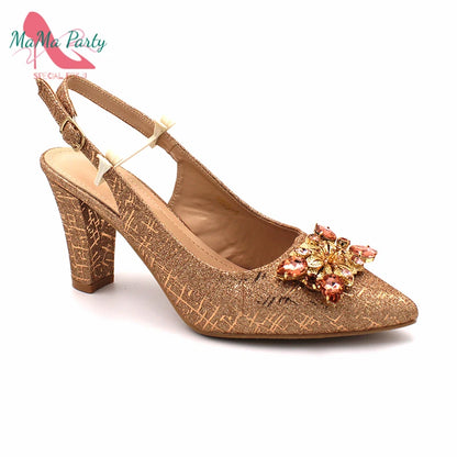 Classics Italian Design Shoes and Bag Set in Orange Color Comfortable Heels Pointed Toe Pumps for Wedding Party