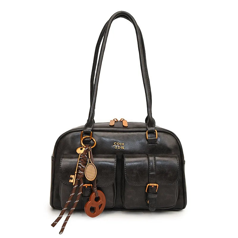 Women's Coffee Brown Multi-Pocket Handbag Shoulder Bag, Stylish Versatile Letter Crossbody Purse for Travel Work Shopping Dates