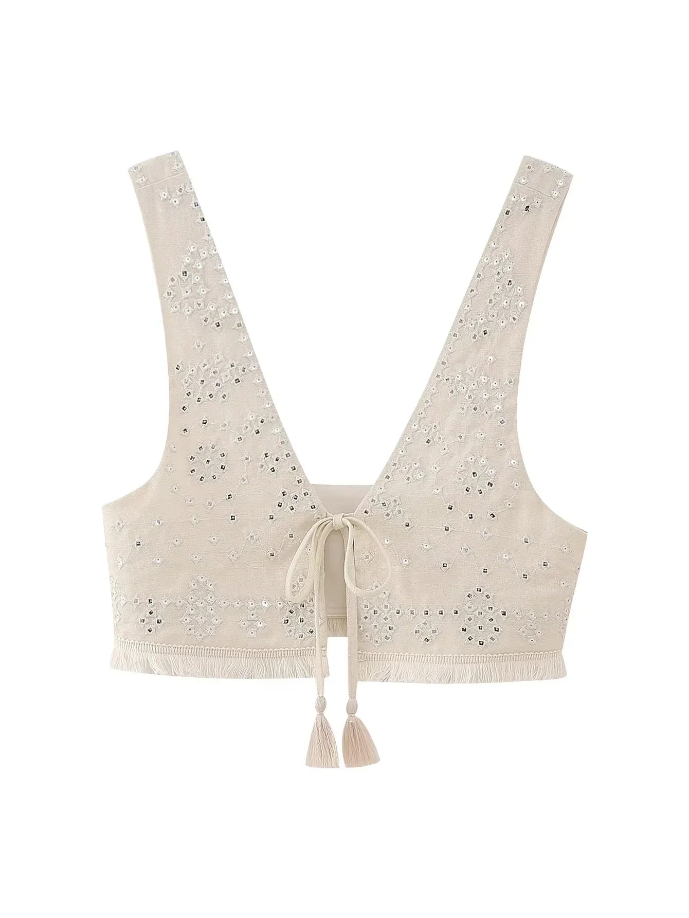 Y2K Embroidery Women Waistcoats Summer Lightweight V Neck Sleeveless Tassels Hem Slim Vest Female Crop Top