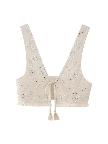 Y2K Embroidery Women Waistcoats Summer Lightweight V Neck Sleeveless Tassels Hem Slim Vest Female Crop Top