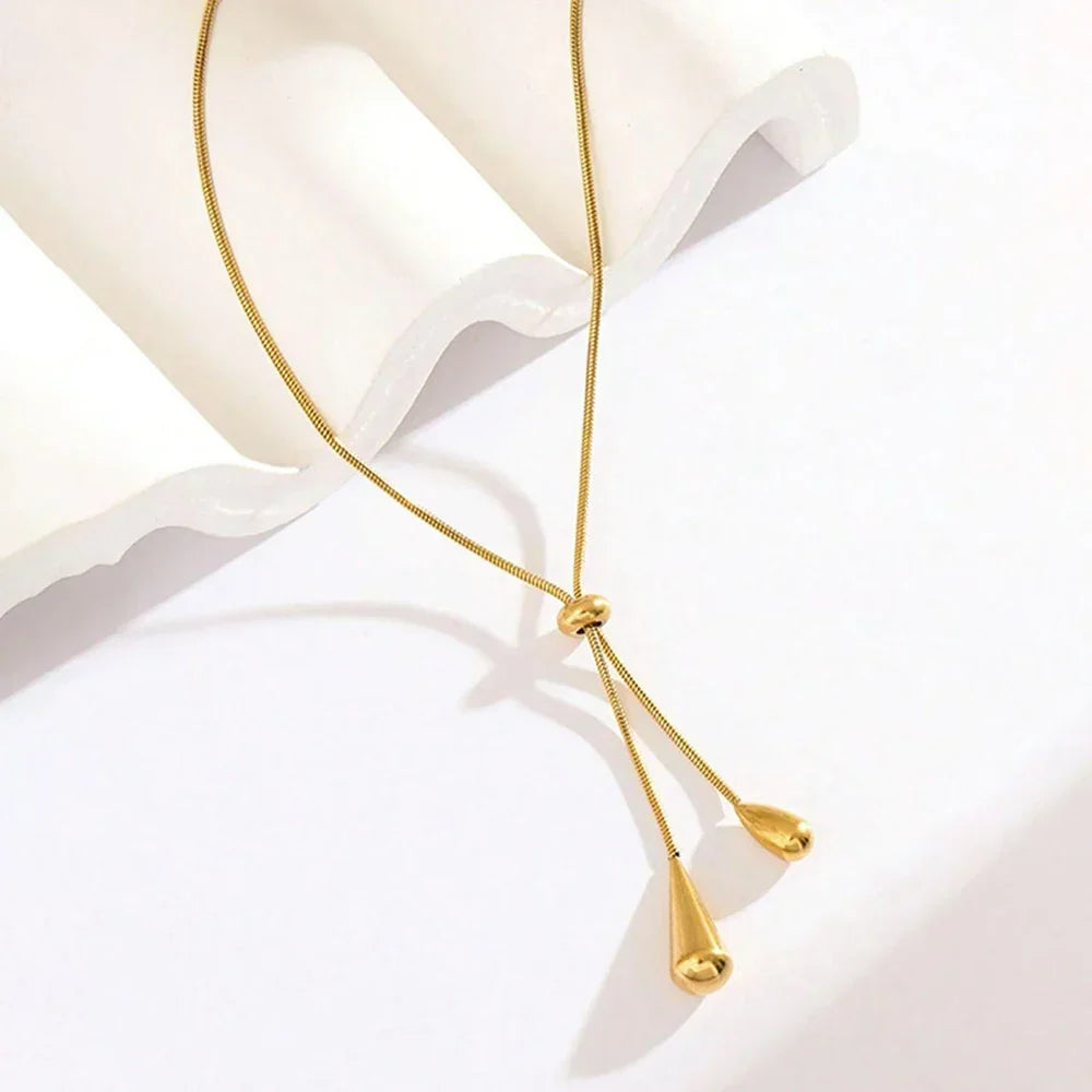 Stainless Steel Pull Adjustable Water Drop Shape Tassel Charm Necklace Fashion Personality High-Grade Jewelry Gifts