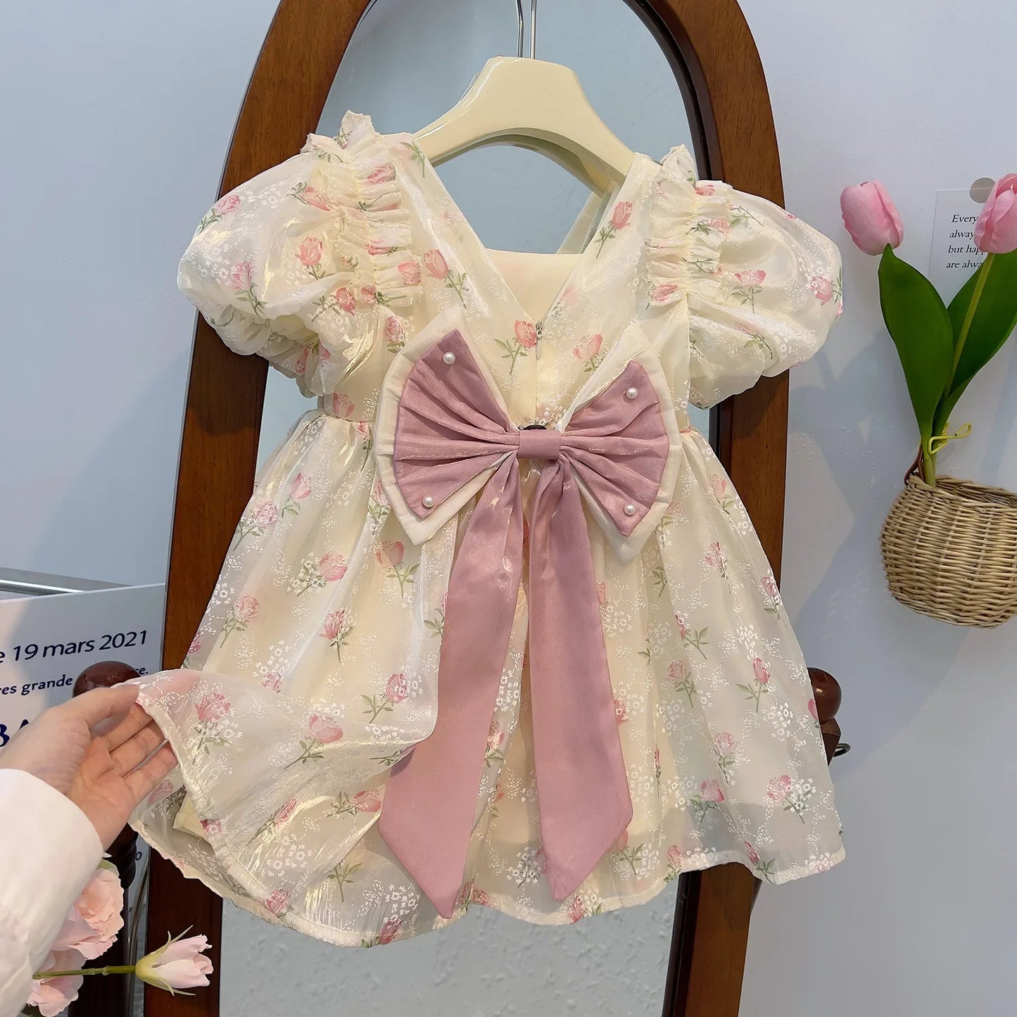 New Summer Princess Girls Dress Full Print Roses Flowers Pearl Inlay Decoration Puff Sleeve Bow Mesh Tutu Party Dresse For Kids