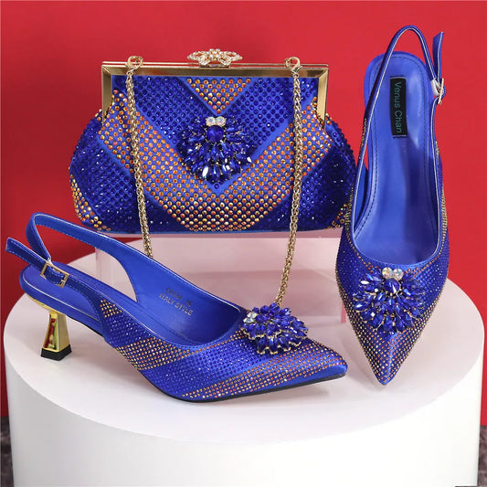 Italian Design Rhinestone Luxury Green Colour Pointed Toe Shoe & Bag Set Women's High Heels for Parties High Quality