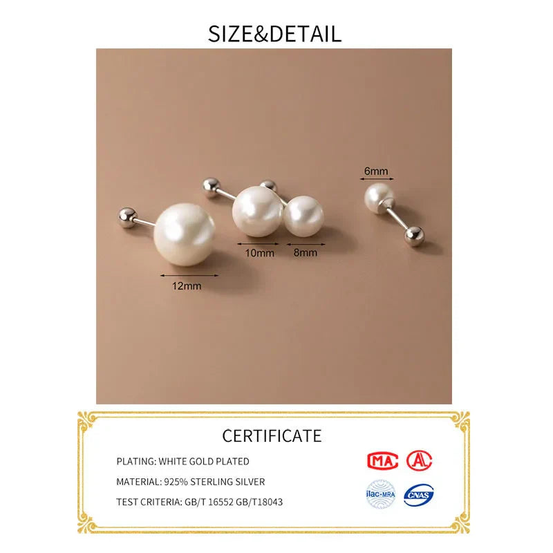 Real 925 Sterling Silver Geometric Round Bead 6/8/10/12mm Pearl Stud Earrings For Women TRENDY Fine Jewelry Accessories