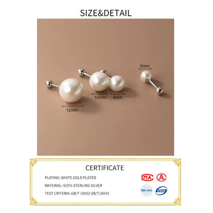 Real 925 Sterling Silver Geometric Round Bead 6/8/10/12mm Pearl Stud Earrings For Women TRENDY Fine Jewelry Accessories