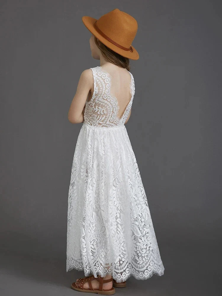 Princess Girls Lace Bohemia Long Dresses Baby Kids Flower Wedding Party Dress Cotton Lining Vestidos Costume Children Clothing