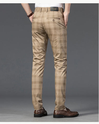 Brand Clothing Mens Casual Pants Fashion Plaid Classic Business Formal Trousers Elastic Straight Social Luxury Suit Pants