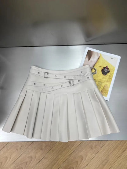 Punk Women Genuine Leather Skirt High Waist Sexy Mini A Line Skirts New Solid Color Ladies Casual Sweet Sheepskin Pleated Skirt