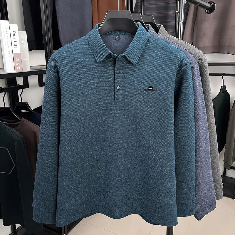 Fashion brand men's long sleeve polo shirt soft plush warm comfort new letter embossed solid color business casual lapel T-shirt