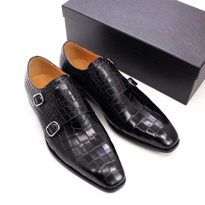 Men's Luxury Italian Real Leather Pointed Toe Double Buckle Formal Business Black Shoes Alligator Print for Business Casual Wear