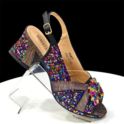 Luxurious Italian Women's Party Shoe and Bag Set – Elegant Black Rhinestone Peep-Toe High Heels Sandals for Weddings