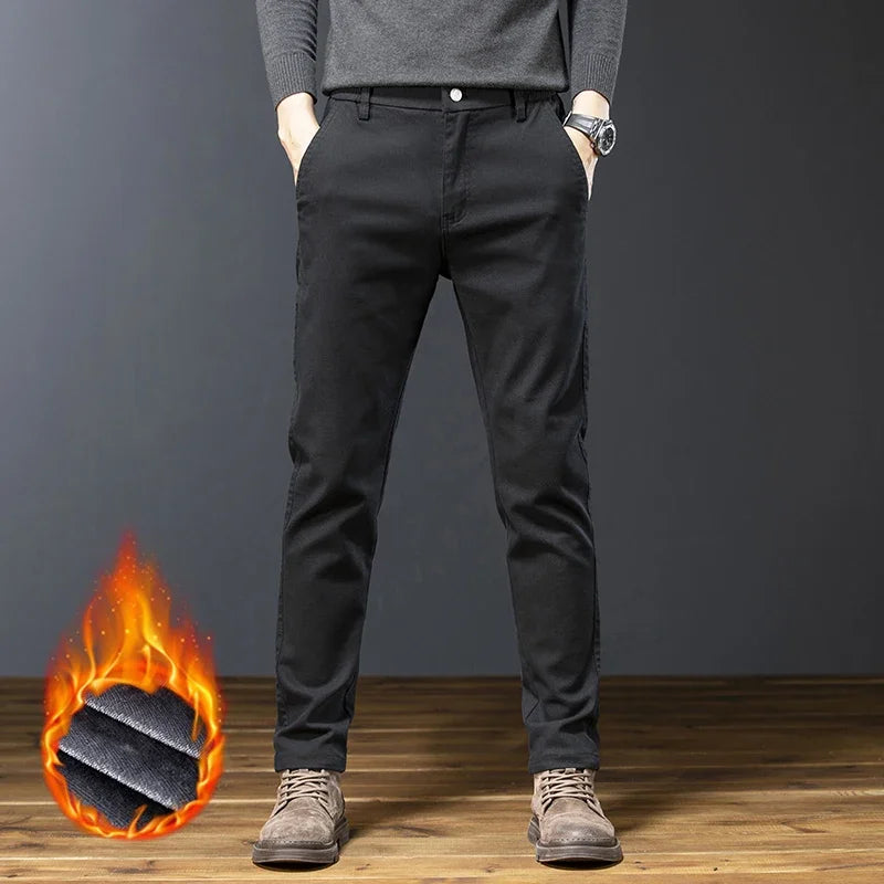 Classic Men's Fleece Slim Pants Winter Casual Velvet Business Straight Solid Thick Plush Trousers Brand Clothing Man Pants