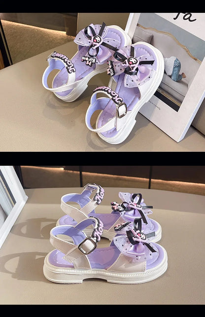 Kids'Sandals Kuromi PU Leather Bow Flat Spring Shoes For Girls Anti-slip Soft Thick Bottom White Black Shoes Size 25-36