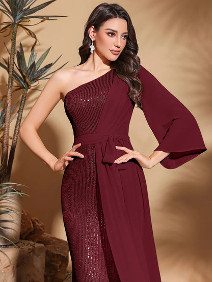Sequined one-shoulder chiffon patchwork belt-decorated hip dress